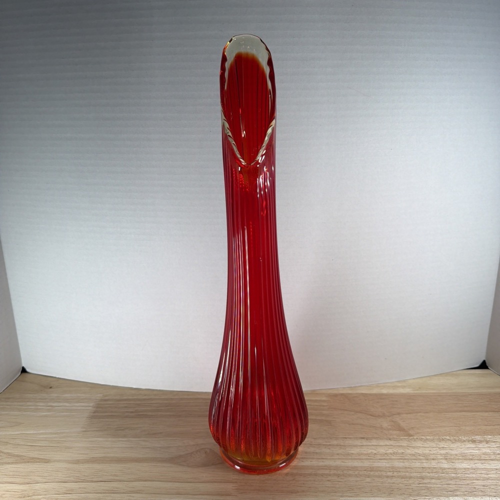 Vintage LE Smith Ribbed Swung Vase In Amberina 15" Tall SEE PICS CHIPPED